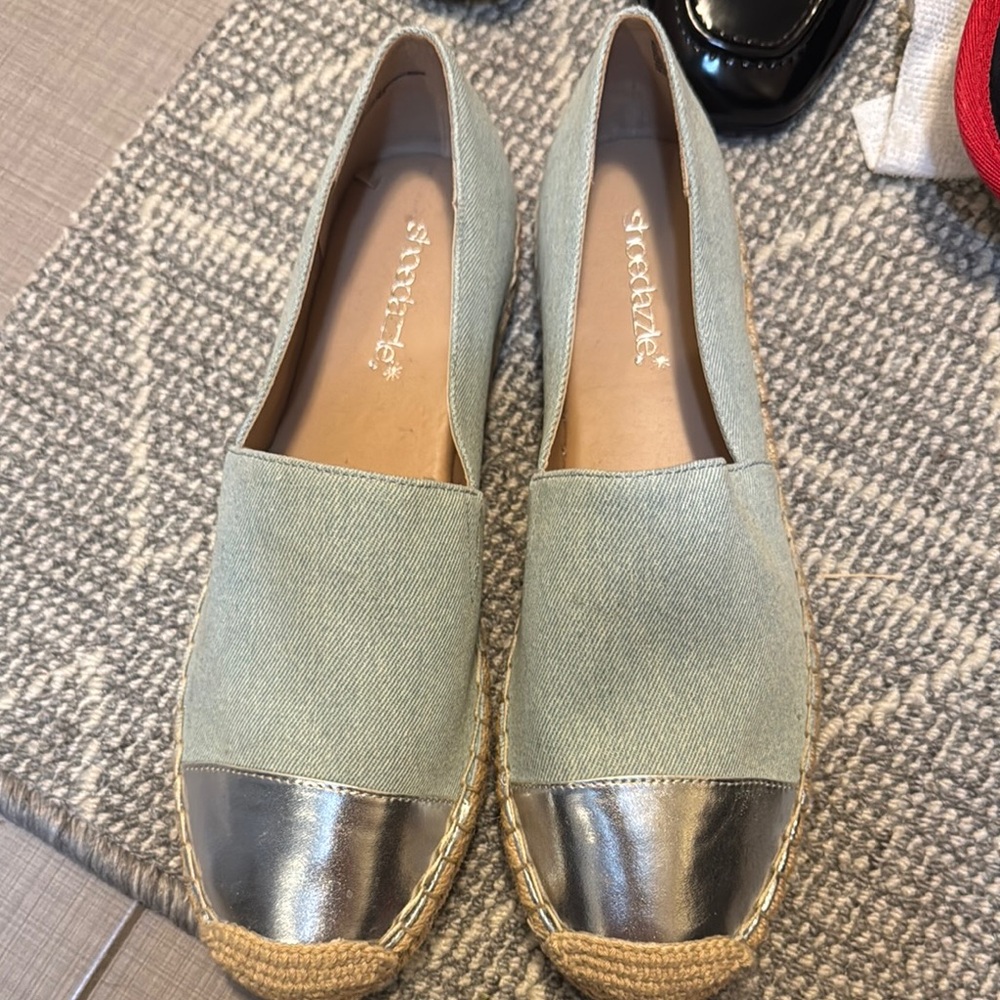 Shoe Dazzle Silver and Tan Espadrilles